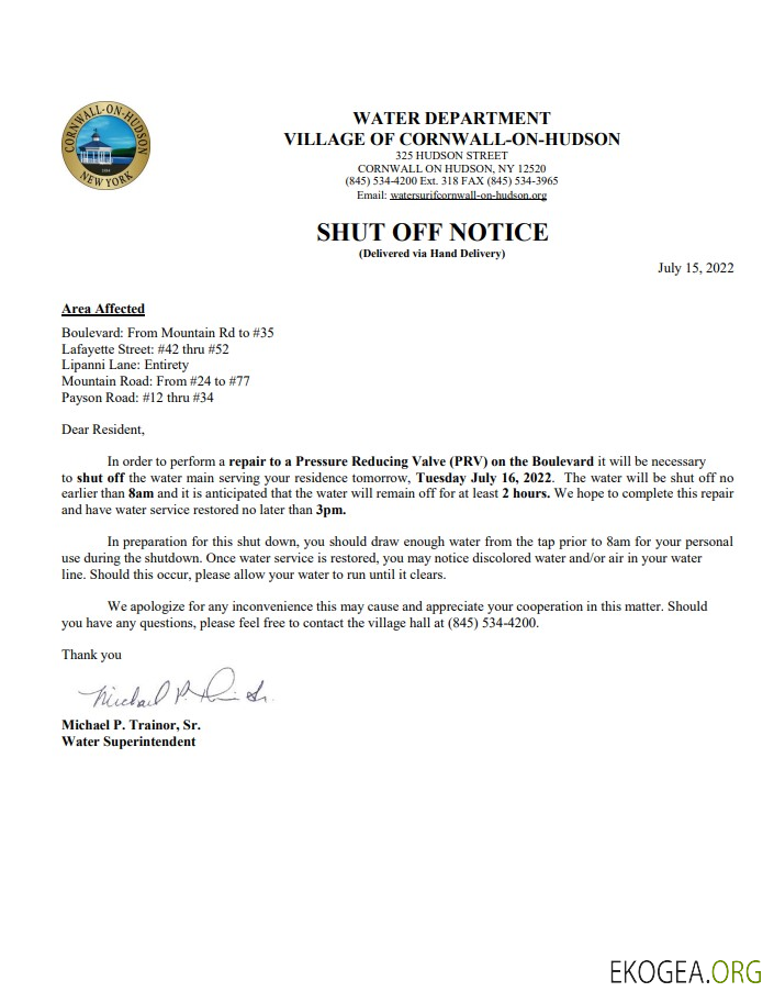 USA New York Cornwall on Hudson water utility bill shutoff notice, Word and PDF template
